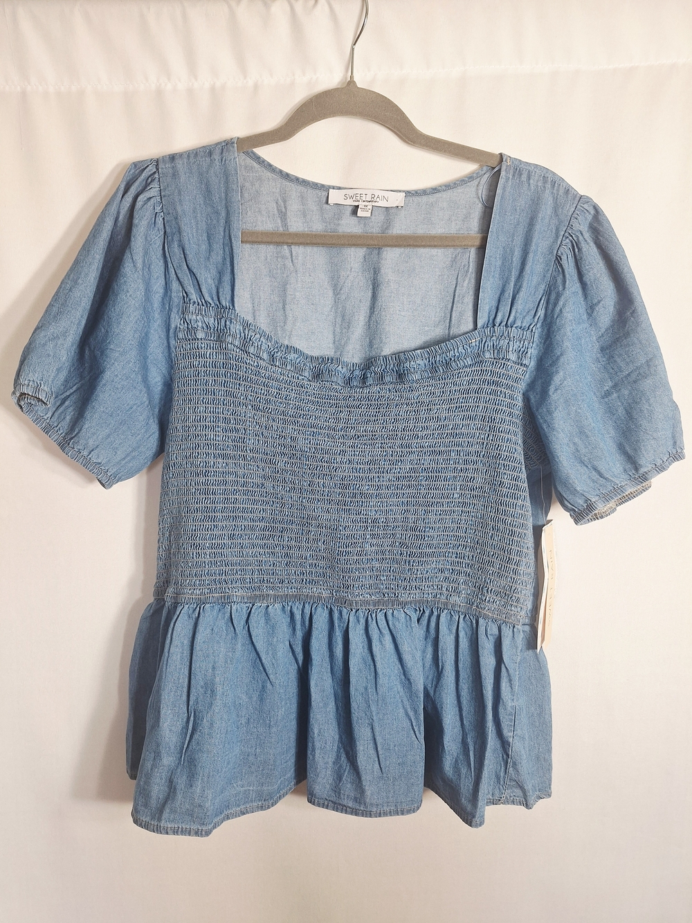 Smocked Peplum Top Chambray Cotton Lightweight Short Sleeve 1X Womens